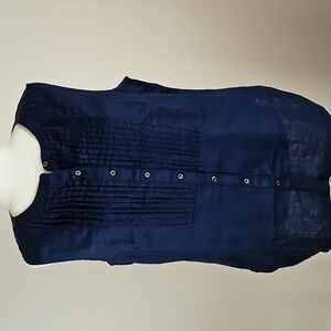 Talbots NWT LG Linen Sleeveless Navy Button Blouse Pintucks Coastal Minimalist